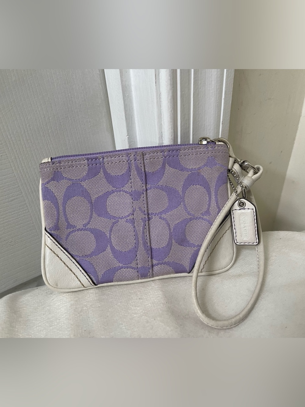 Coach Lavender Signature Canvas Wristlet with White Trim